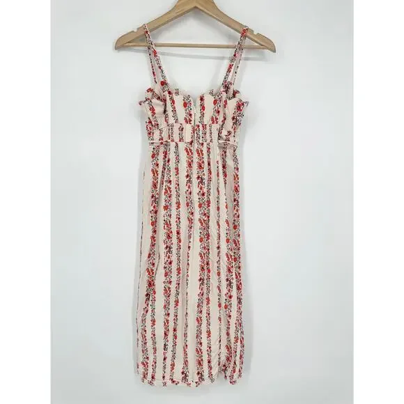 Anthropologie Slim Scalloped Corset Dress Floral Striped Belted Button Slit Midi - Picture 10 of 14